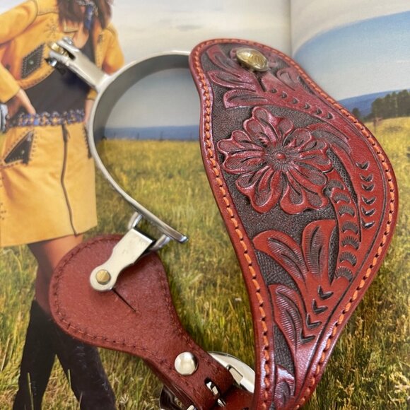 PARTRADE Brushed & Engraved Stainless Stock Spurs/Tooled Leather Strap: NWOT!! - Picture 7 of 15
